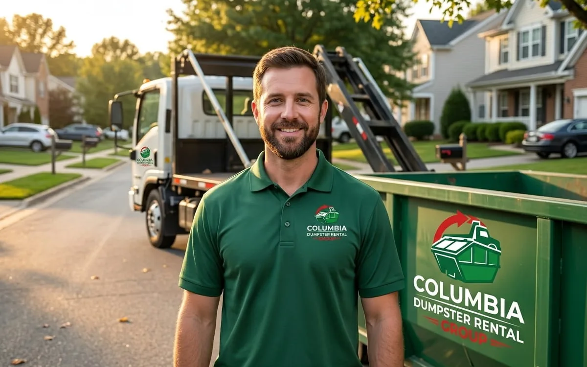 Columbia Dumpster Rental Group container on a Maury County driveway